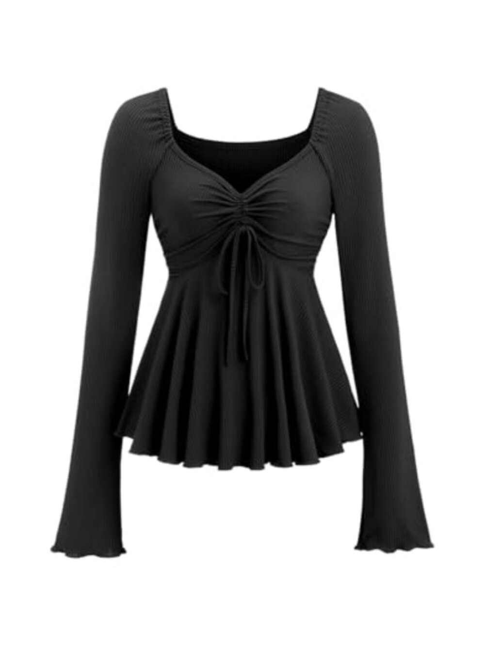 Floerns Long Sleeve Drawstring Ruffle Hem Peplum Top Women's Blouse